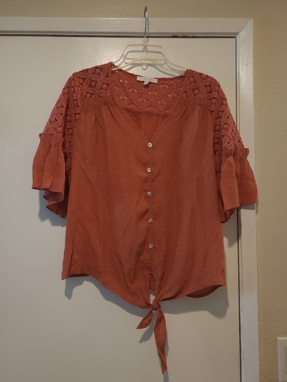 Women's Button-Front Tie Hem Blouse with Crochet Yoke - Rust